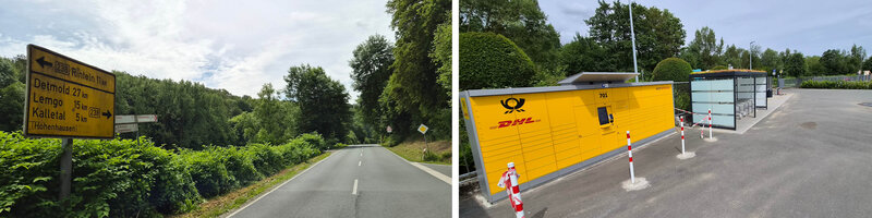Ansicht DHL Packstation und Straßenschild zwischen Rinteln und Hohenhausen